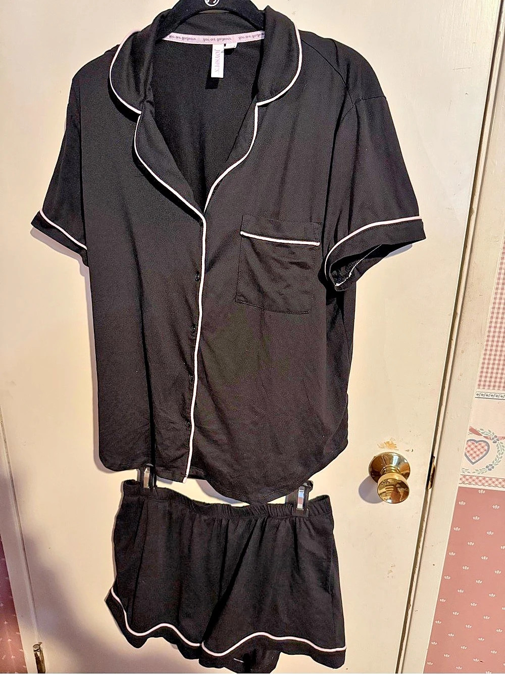 Joyspun Women's Cotton Blend Notch Collar Top and Shorts Pajama Set Black